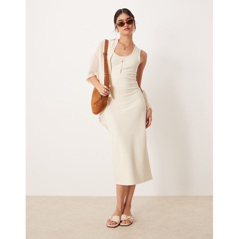 Mango compact knit scoop neck midi dress in buttermilk-Yellow