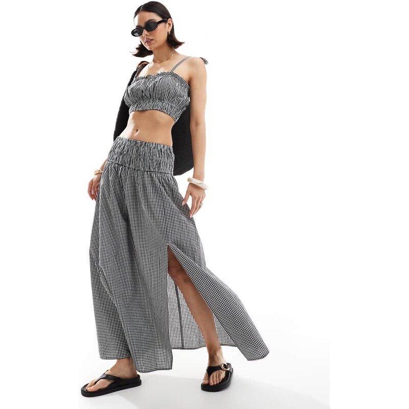 New Look co-ord shirred midi skirt in black gingham