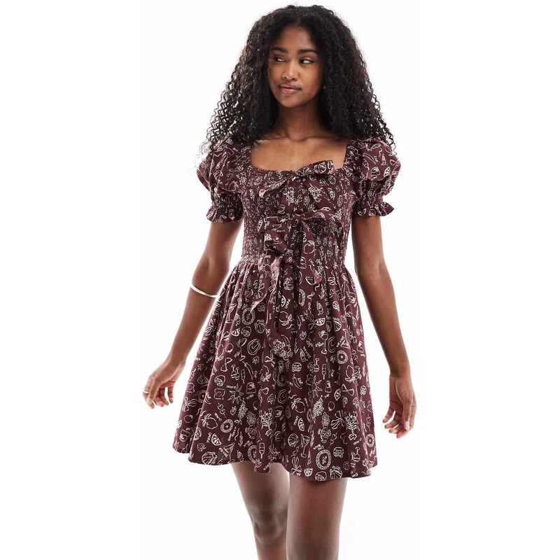 Miss Selfridge shirred bust tie front mini dress in brown holiday 107149538