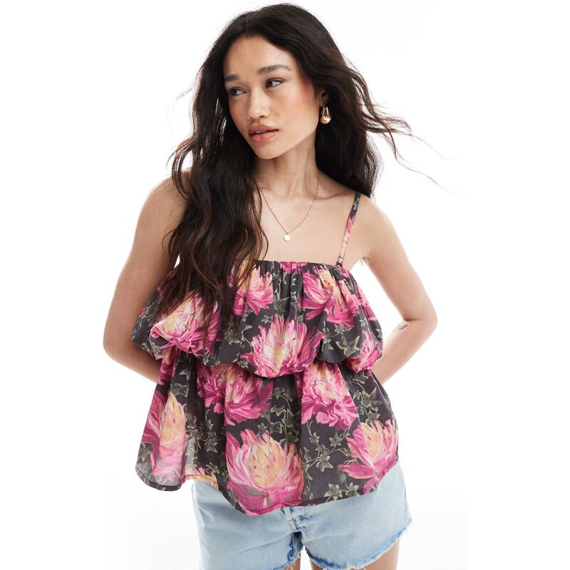 ASOS DESIGN premium puff detail peplum cami in floral print