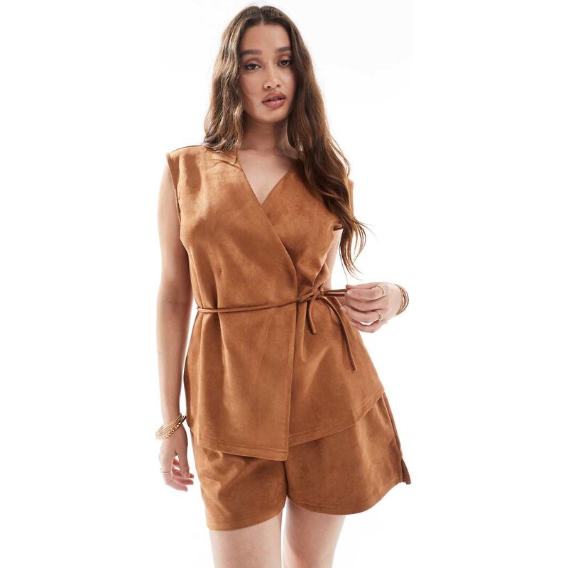 Object faux suede tie waist waistcoat co-ord in camel beige-Neutral 106737643