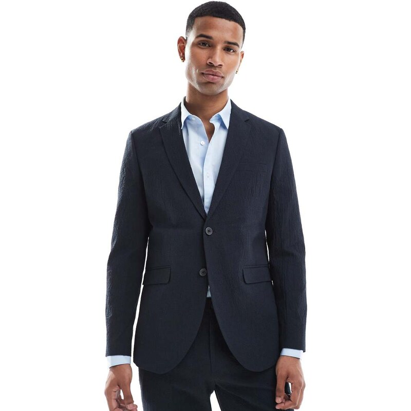 Jack & Jones Premium seersucker suit jacket in navy