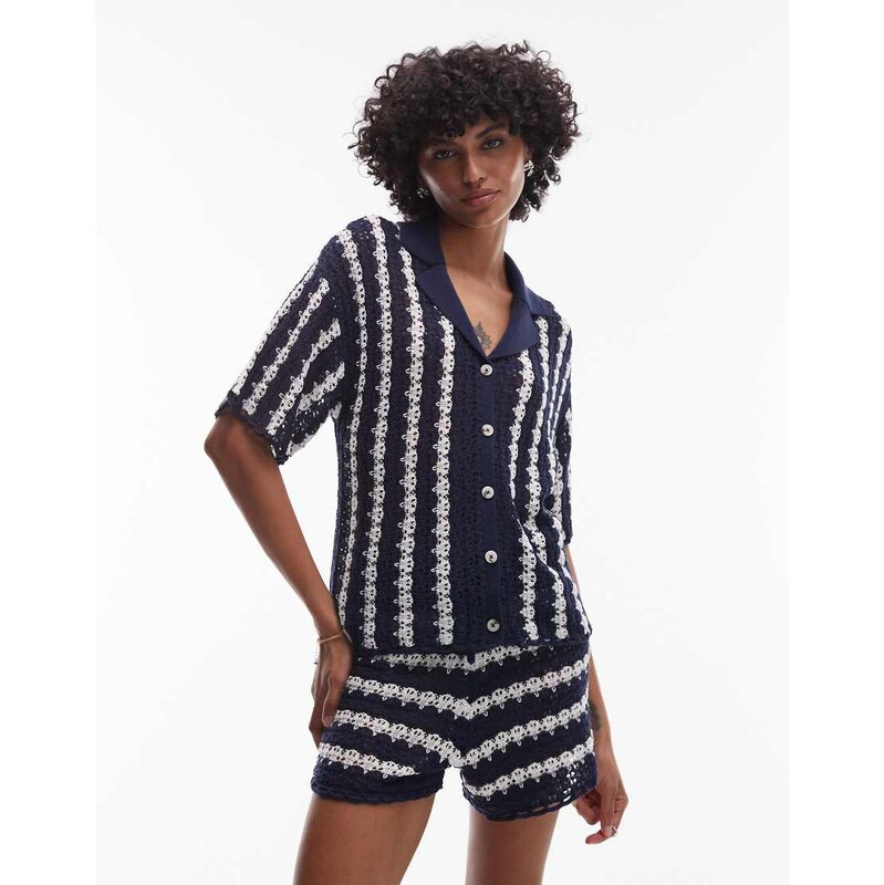 Topshop knitted stitchy stripe co-ord shirt in blue and ivory 106737744