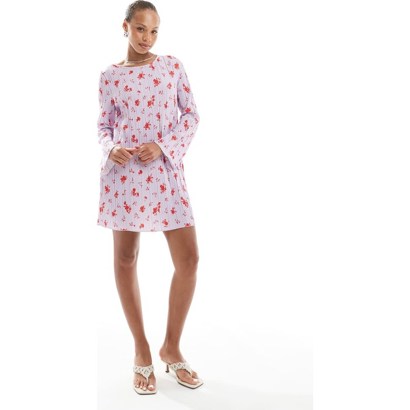 Pieces long sleeve plisse mini dress in lavender floral print