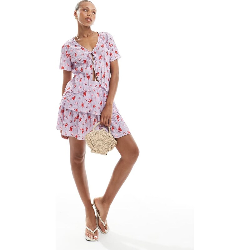 Pieces tiered plisse mini skirt co-ord in lavender floral-Multi 106737790