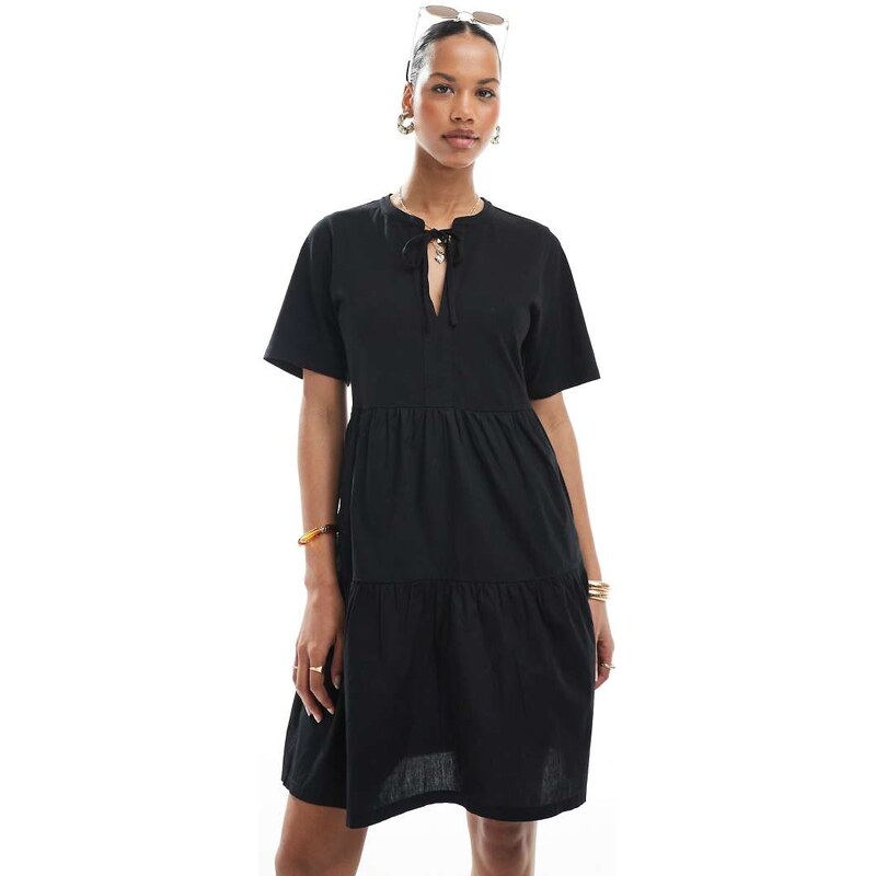 Threadbare cotton rich tiered short sleeve mini dress with keyhole 114371495