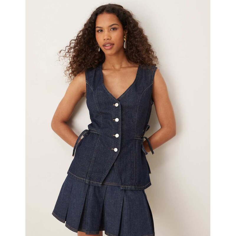 ASOS DESIGN denim waistcoat with tie up cinch sides in indigo-Navy 115678602