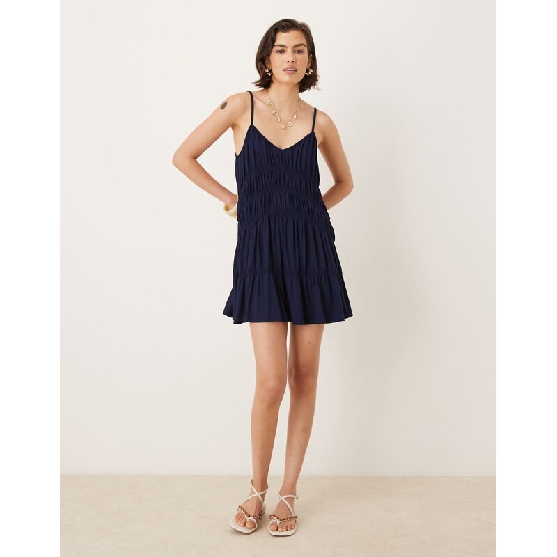 Mango shirred strappy mini dress in navy