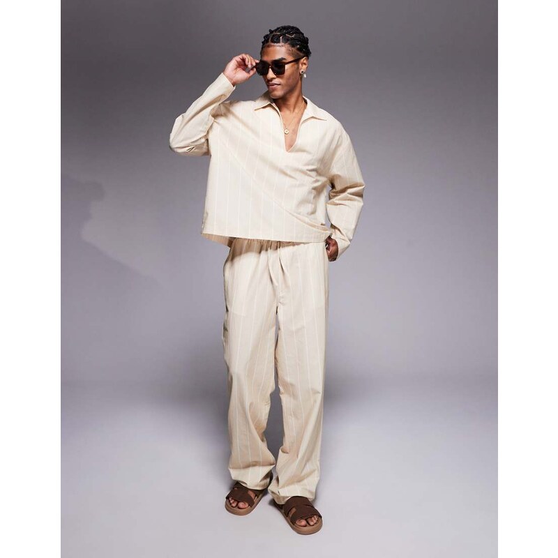 ASOS DESIGN co-ord baggy stripe trousers in beige-Brown