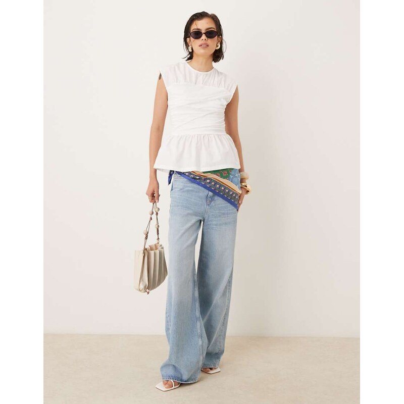ASOS DESIGN mix bandage top with ruching detail in ivory-White