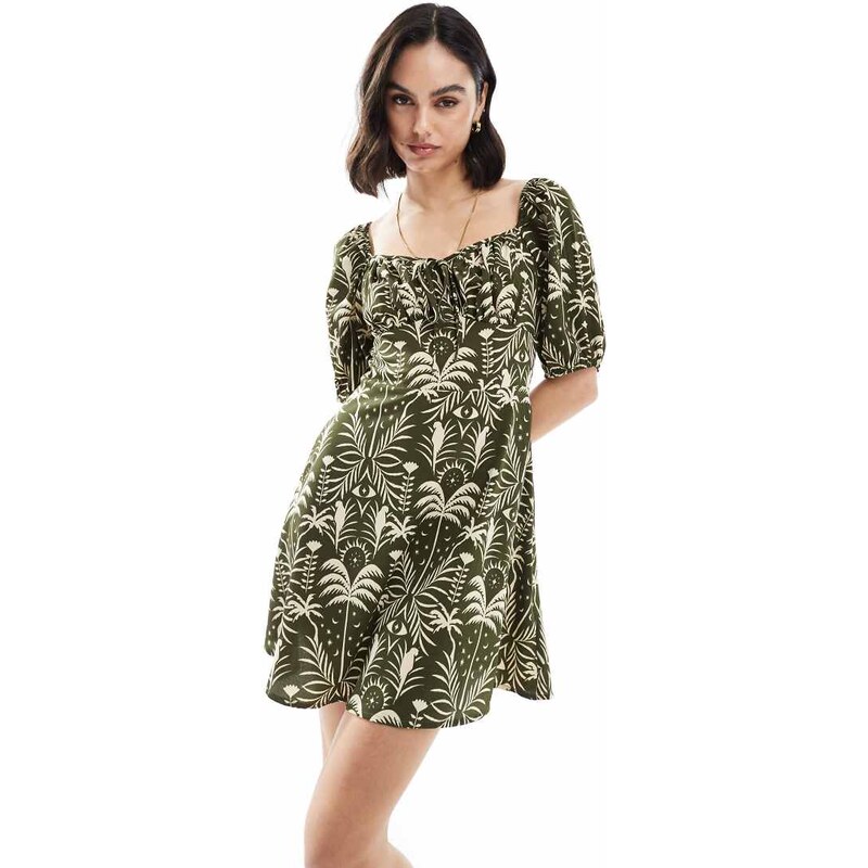 Wednesdays Girl palm print puff sleeve mini dress in khaki-Green