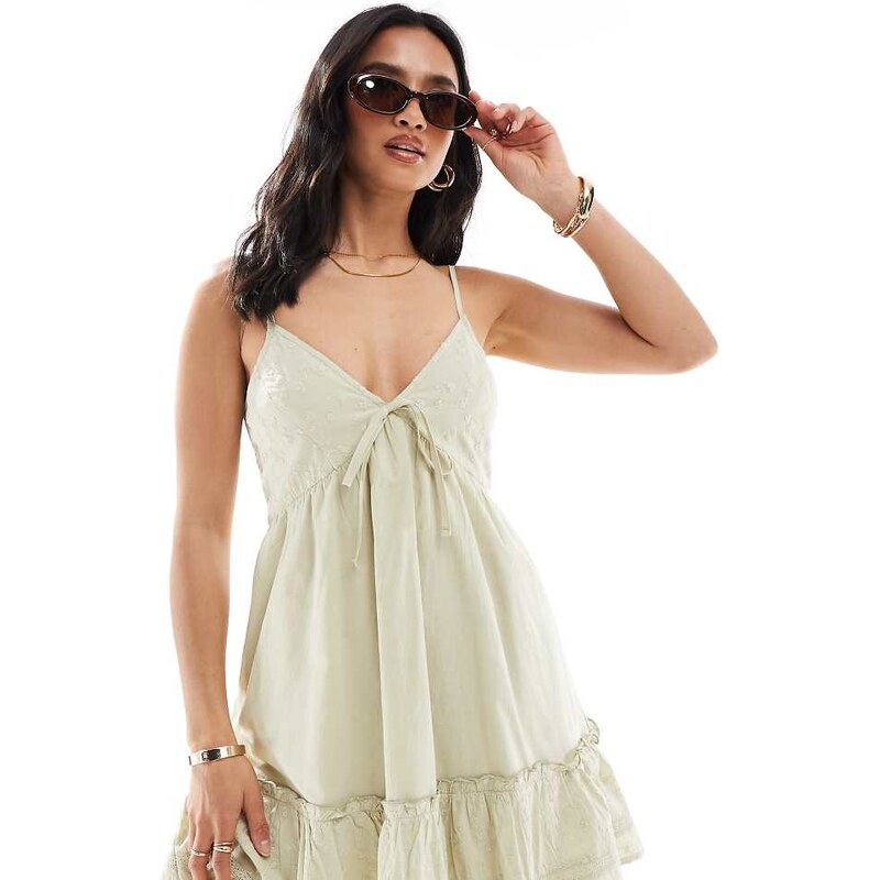 Miss Selfridge Petite broderie mix mini sun dress in sage green