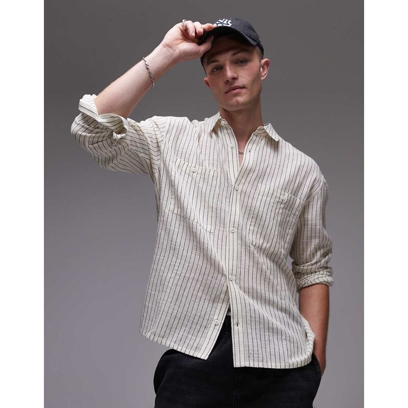 Topman long sleeve relaxed cheesecloth stripe in cream-Neutral