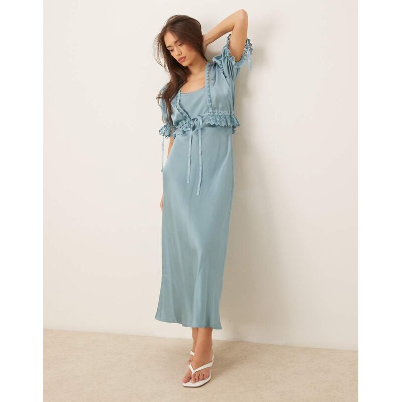 ASOS DESIGN puff sleeve 2-in-1 satin midi tea dress with lace