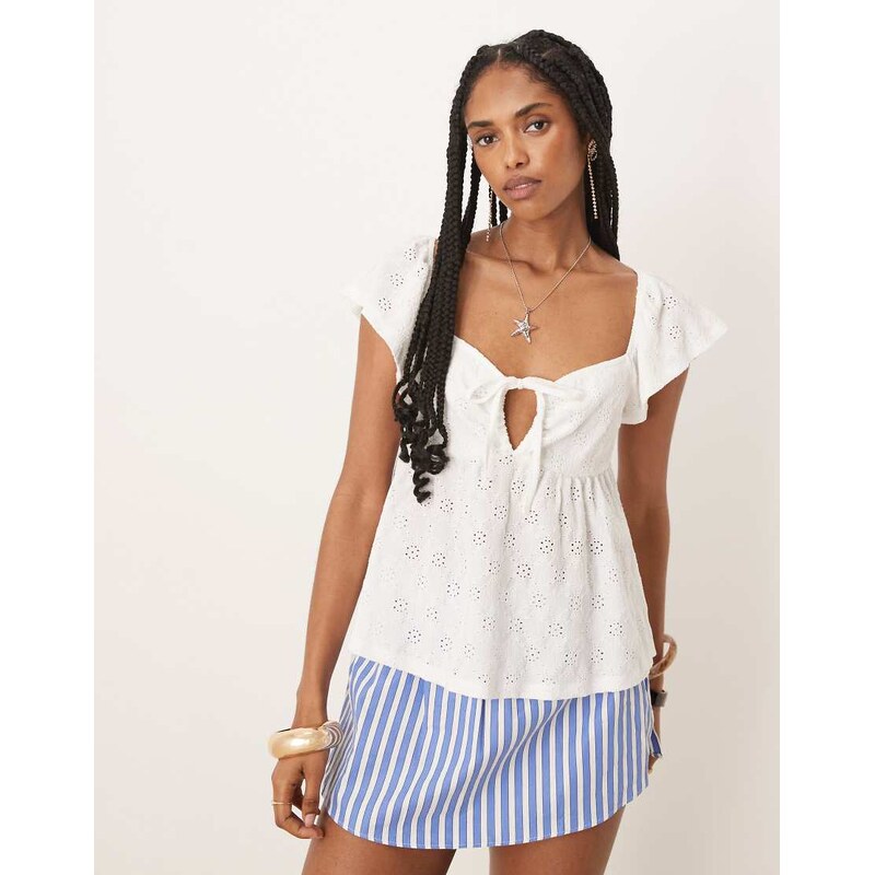 Gina Tricot front tie frill top in white