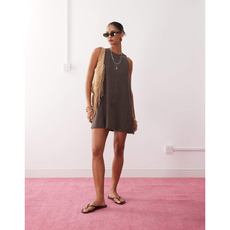 Monki sleeveless a line mini dress with frayed edge in dark