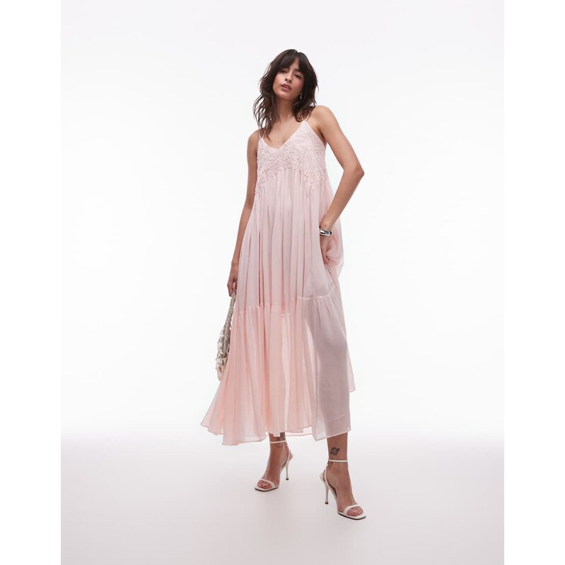 & Other Stories embroidered maxi dress with drop waist in pink 106760054