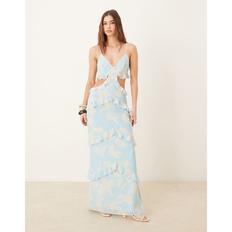 Pretty Lavish cut-out ruffle maxi dress in blue oversized floral 106749332