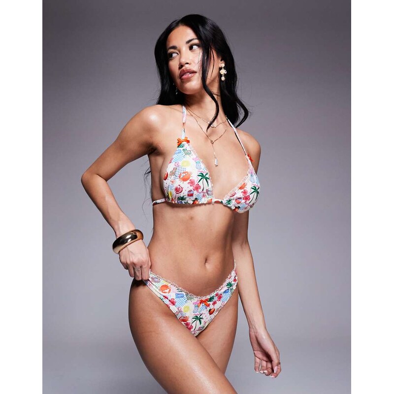 The Frolic exclusive frill trim bikini bottom co-ord in postcard print 115510719