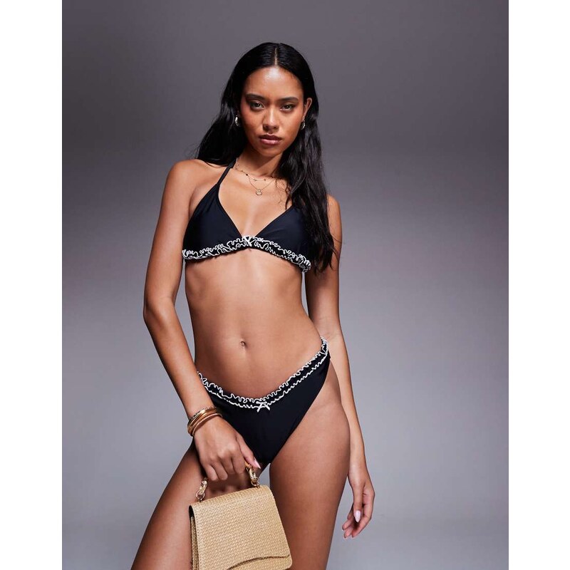 The Frolic exclusive contrast bow detail bikini bottom co-ord in black 115510724