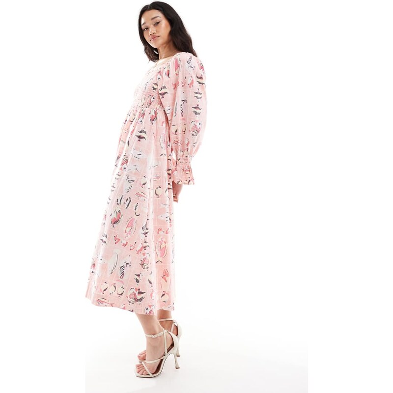 Object vintage wash fish print smock midi dress in pink-Multi 106749406