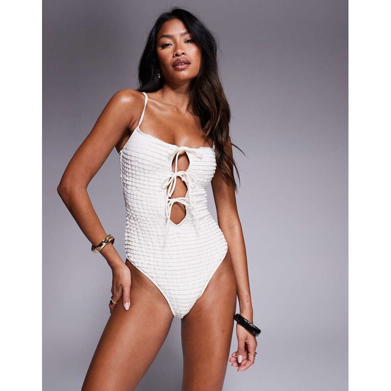 South Beach tie up ruffle swimsuit in cream-White 106749455
