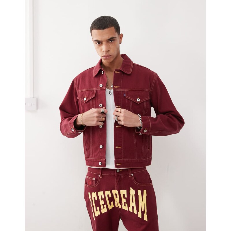 ICECREAM denim trucker jacket with back print co-ord in burgundy
