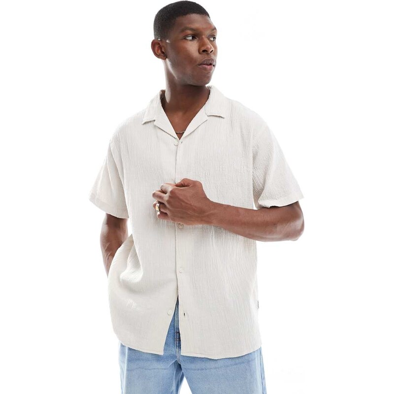 Jack & Jones crinkle short sleeve shirt in beige-White