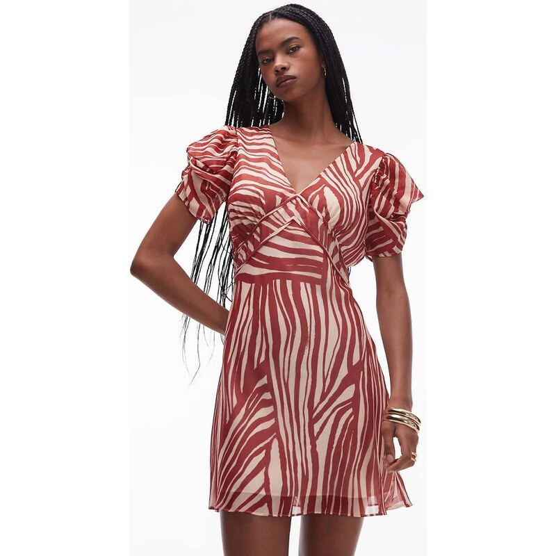 Topshop pinned sleeve mini tea dress in red and beige zebra