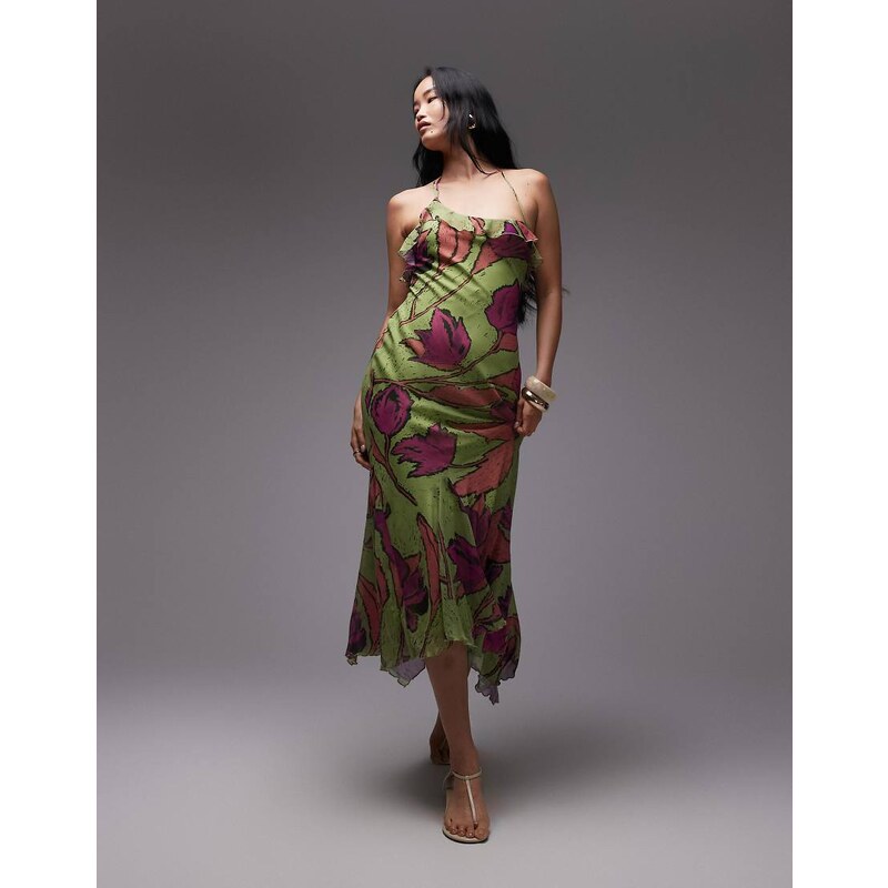Topshop godet hem occasion midi dress in pink and green floral