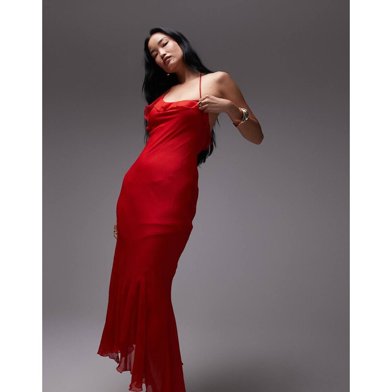 Topshop godet hem occasion midi dress in red chiffon