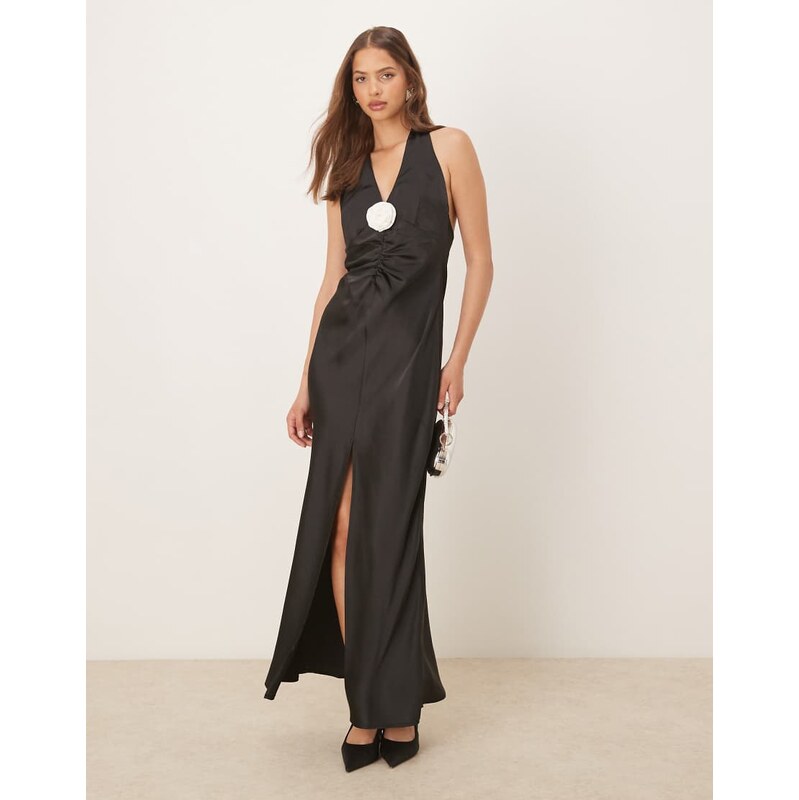 Gina Tricot satin halterneck maxi dress in black
