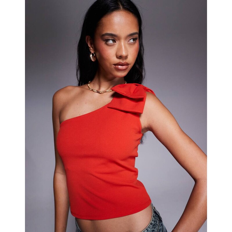 ASOS DESIGN crepe one shoulder bow top in red in scuba-style fabric-Yellow