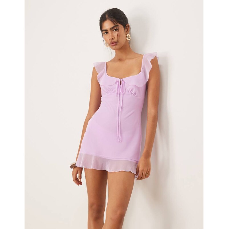 ASOS DESIGN mesh frill strap mini tea dress in lilac-Purple 115512456