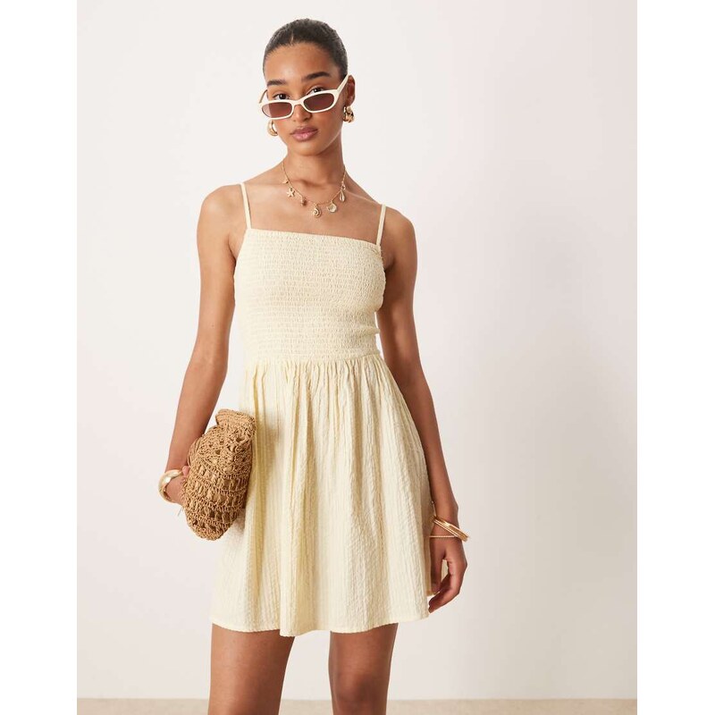 Brave Soul strappy mini dress with shirred bust in butter yellow-White 106749602