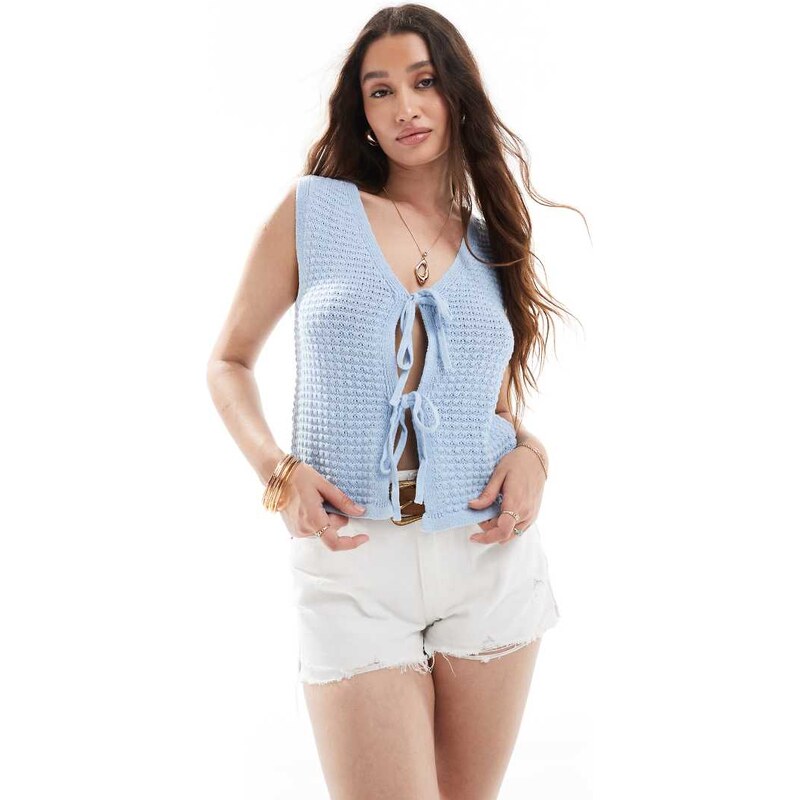Vero Moda crochet knitted tie front top in soft blue 115512882