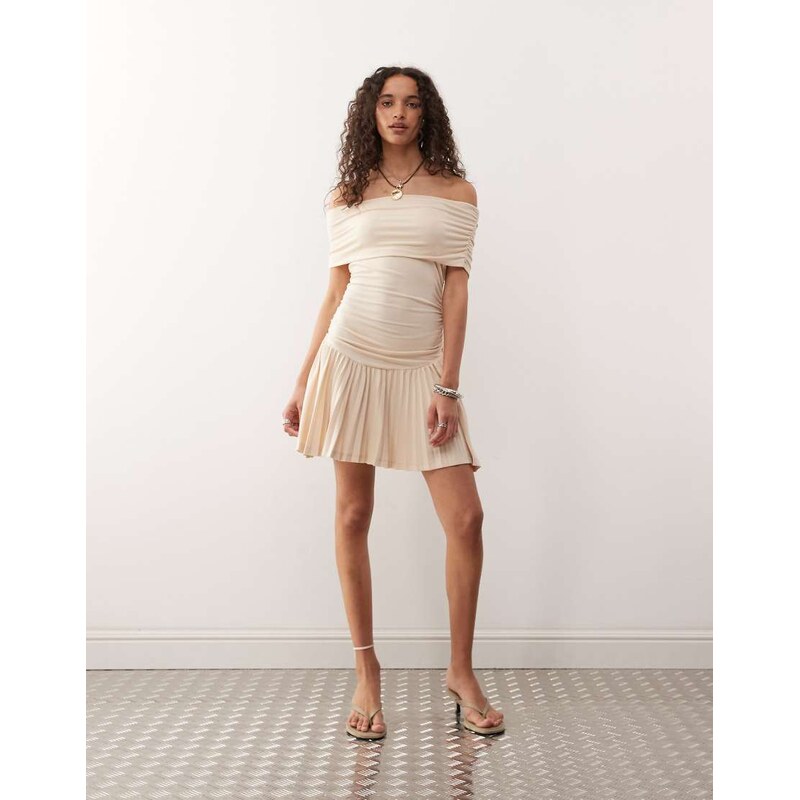 Lioness bardot ruched waist pleated drop hem mini dress in oatmeal 112461610