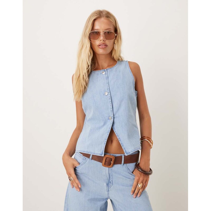 Mango slash neck denim waistcoat co-ord in light wash blue 106749625
