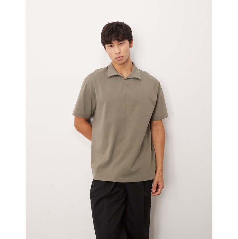 ASOS DESIGN heavyweight relaxed polo in khaki-Green