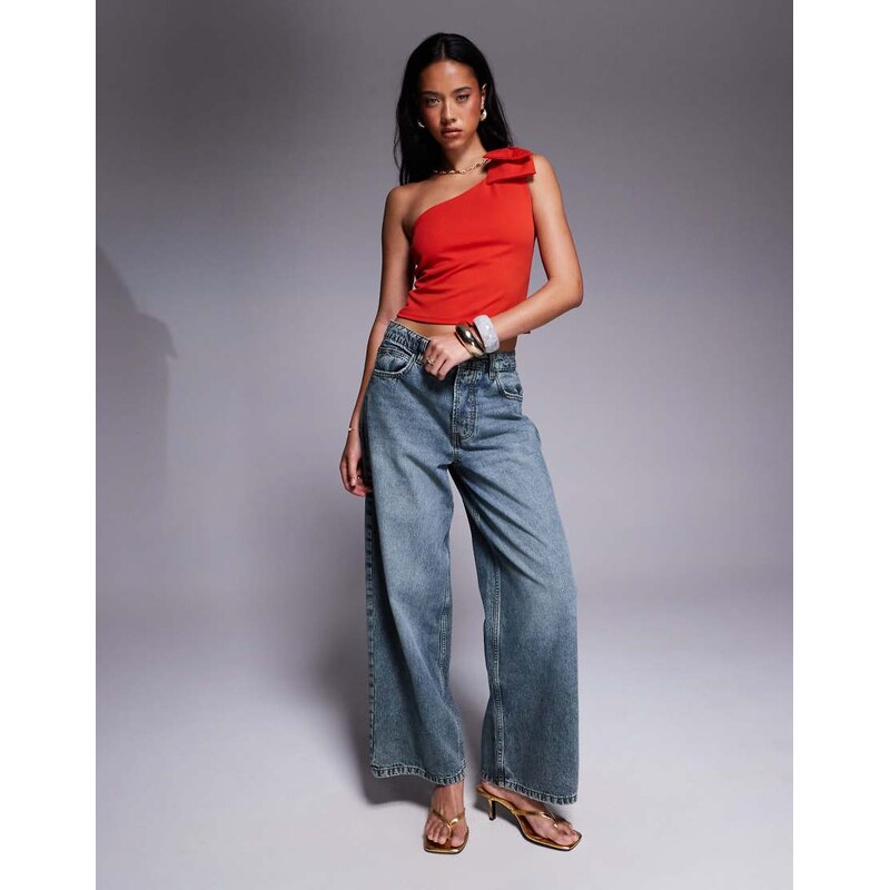 ASOS DESIGN crepe one shoulder bow top in red in scuba-style fabric-Yellow