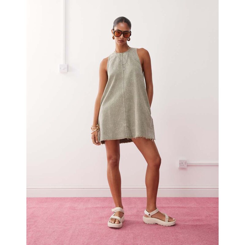 Monki sleeveless a line mini dress with frayed edge in khaki