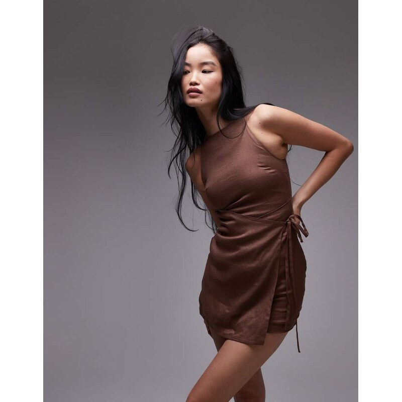 & Other Stories linen square neck mini dress with wrap front in
