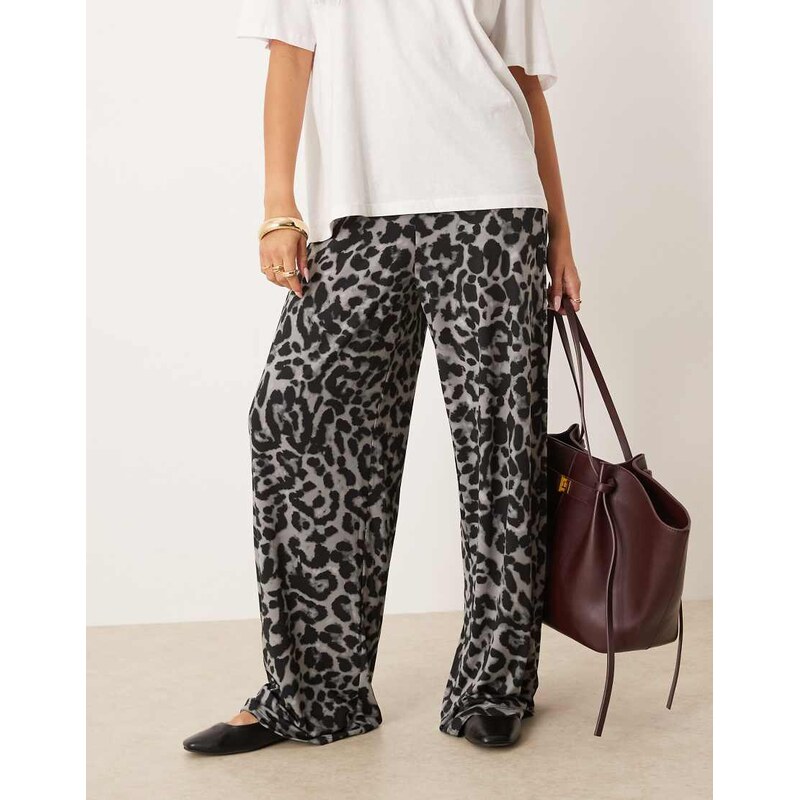 Vila pull on wide leg trousers in grey leopard print