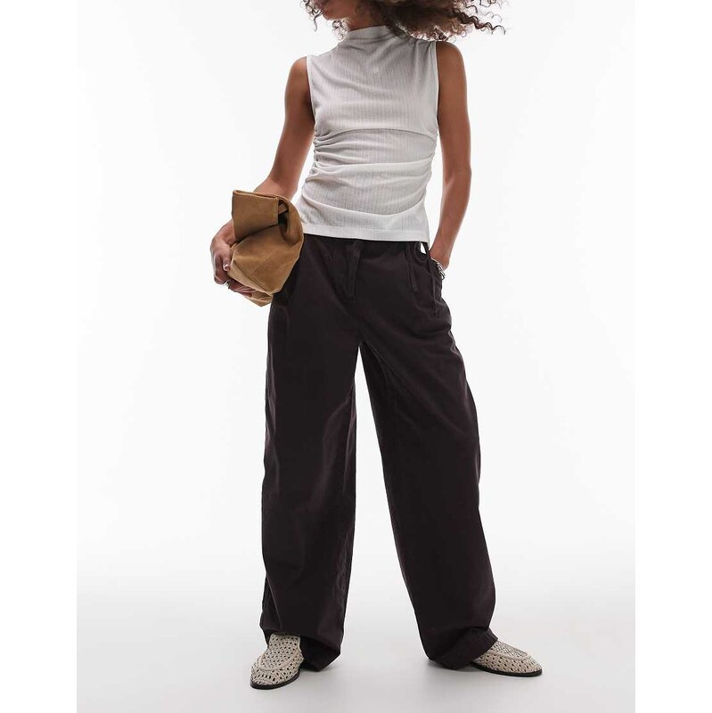 Topshop casual barrel flag trouser in chocolate-Brown