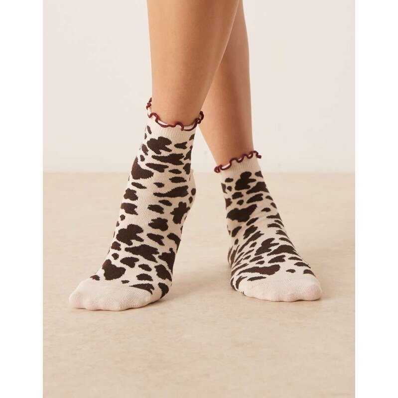 ASOS DESIGN cow print socks with frill top in cream multi
