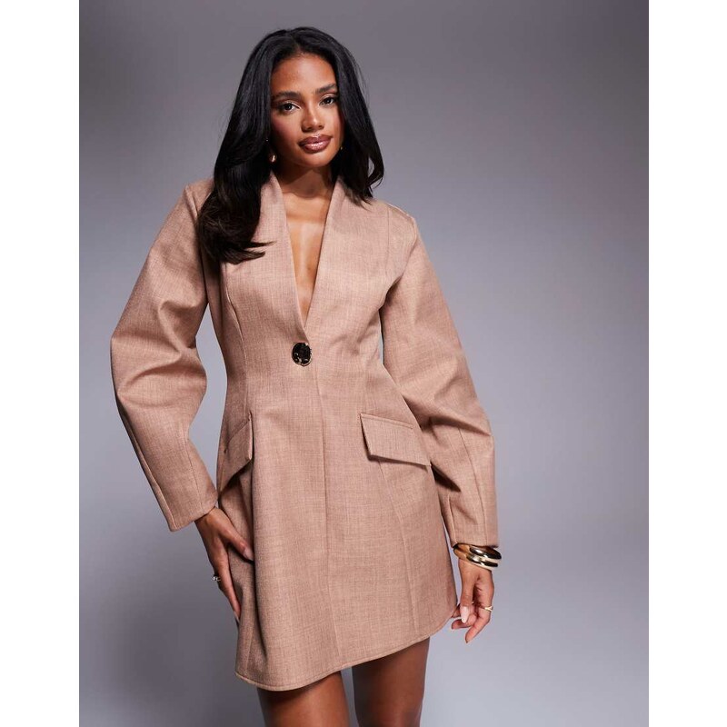 ASOS LUXE structured linen sculpted blazer dress in camel-Brown 106759038