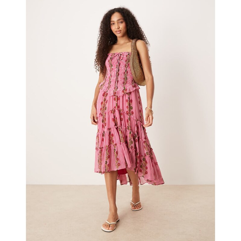 Free People ruched ruffle midi dress in hot pink combo-Multi 106760064