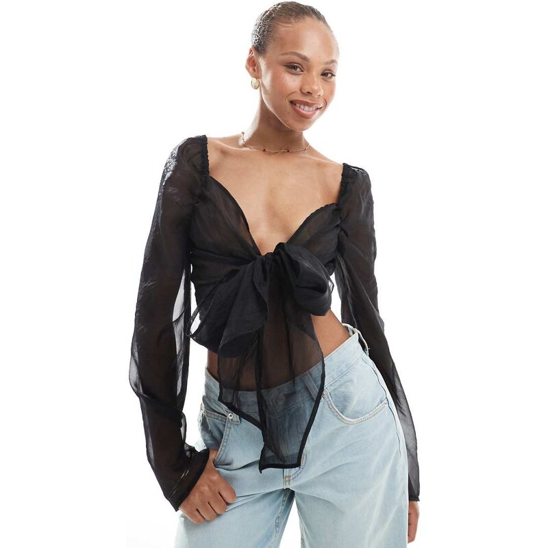 Object sheer organza wrap front top in black 107431644