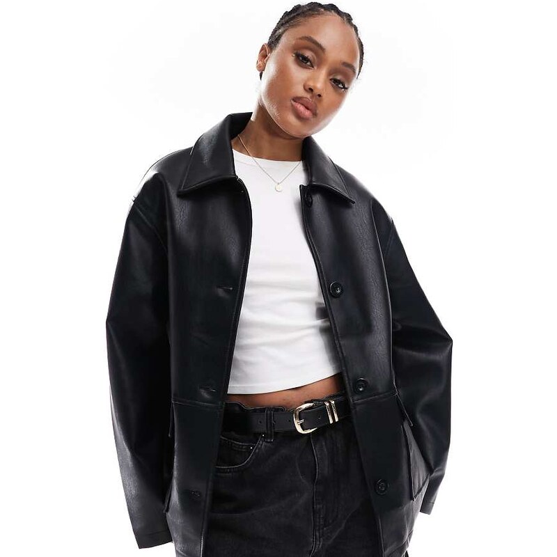 ASOS Tall ASOS DESIGN Tall leather look harrington jacket in black 114789701