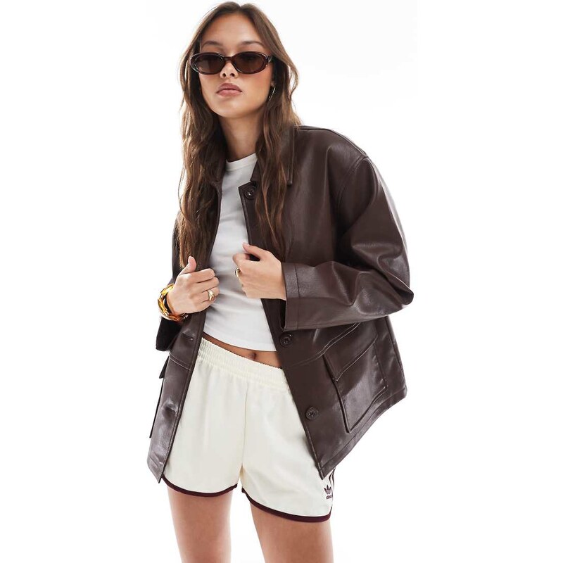 ASOS DESIGN leather look harrington jacket in chocolate-Brown